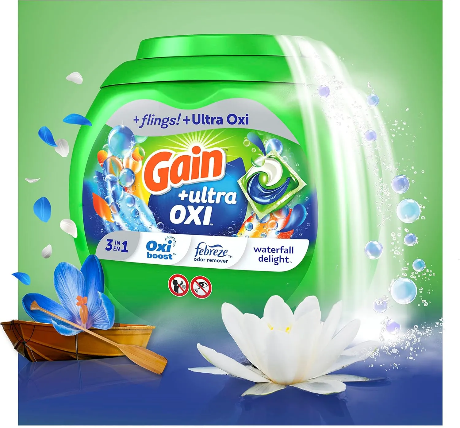 Gain flings Ultra Oxi Laundry Detergent Pacs, 112 Count, Waterfall Delight Scent, 3-in-1, HE Compatible