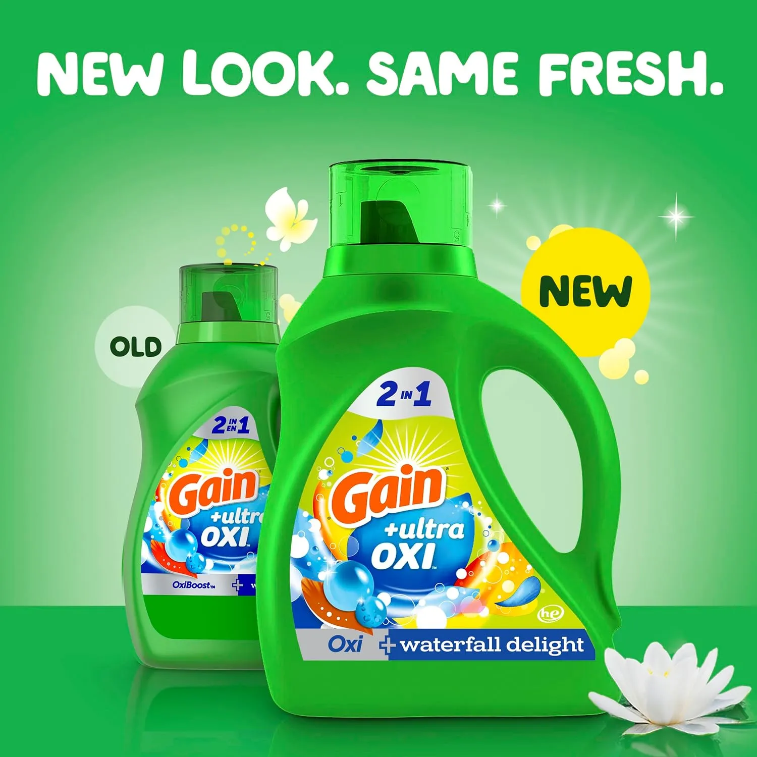 Gain Ultra Oxi Liquid Laundry Detergent, 107 loads, 154 fl oz, Waterfall Delight Scent, 2-in-1, HE Compatible