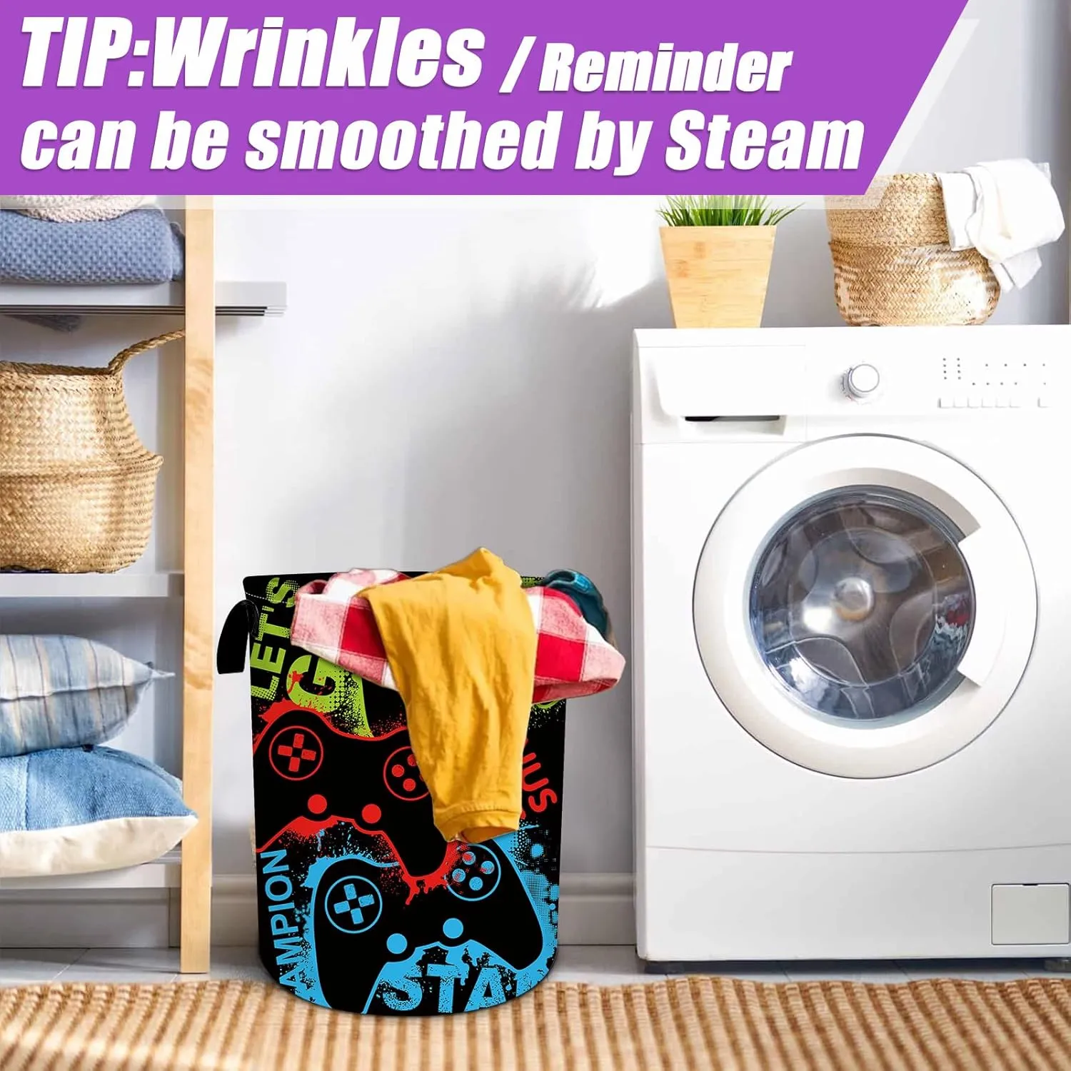 Gamepad Colorful Gamers Laundry Basket Foldable Laundry Hamper Tote Bag Storage Bucket Toy Organizer For Bathroom/Laundry/Bedroom（19.6x15.7inch）