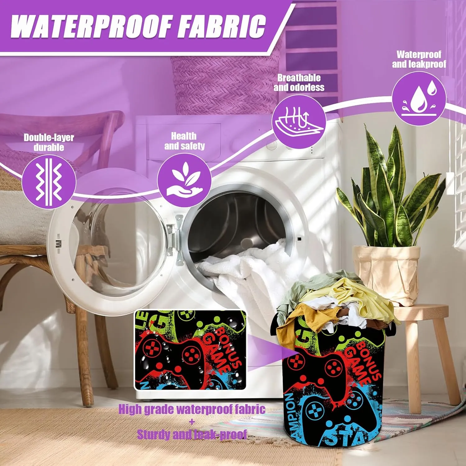 Gamepad Colorful Gamers Laundry Basket Foldable Laundry Hamper Tote Bag Storage Bucket Toy Organizer For Bathroom/Laundry/Bedroom（19.6x15.7inch）