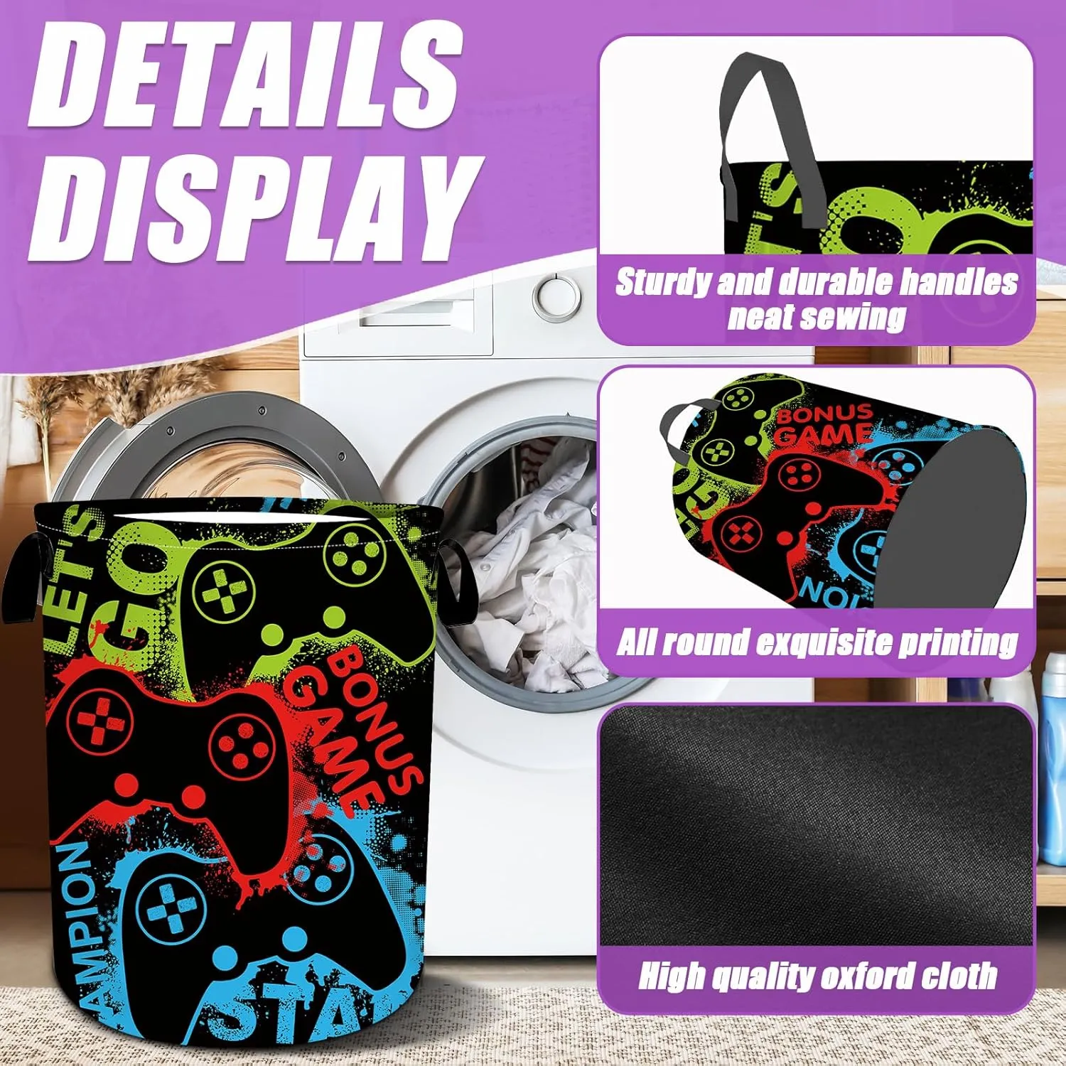 Gamepad Colorful Gamers Laundry Basket Foldable Laundry Hamper Tote Bag Storage Bucket Toy Organizer For Bathroom/Laundry/Bedroom（19.6x15.7inch）