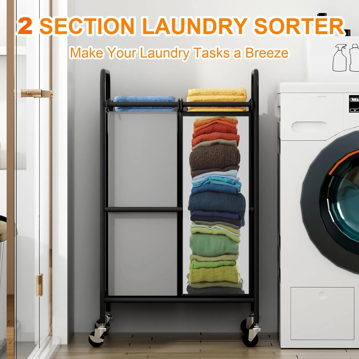 Garvee 2 Section Laundry Hamper, 2x40L Large Rolling Laundry Sorter Cart with Lockable Wheels & Removable Bags, Heavy Duty Laundry Basket Hamper for Dirty Clothes Storage, Toys Storage