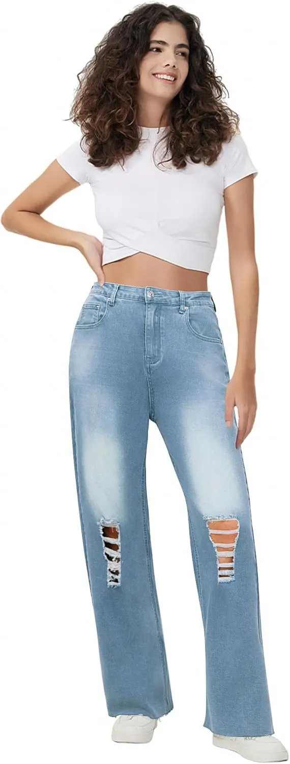 Genleck Women Loose Ripped Boyfriends Jeans High Waist Baggy Denim Pants Distressed Wide Leg Jeans Y2K