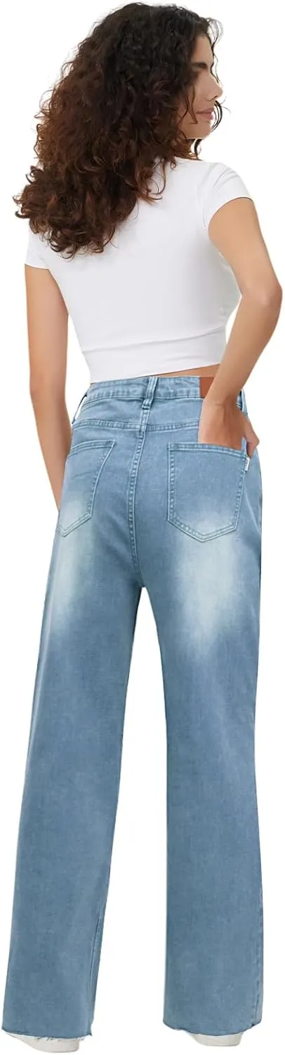Genleck Women Loose Ripped Boyfriends Jeans High Waist Baggy Denim Pants Distressed Wide Leg Jeans Y2K