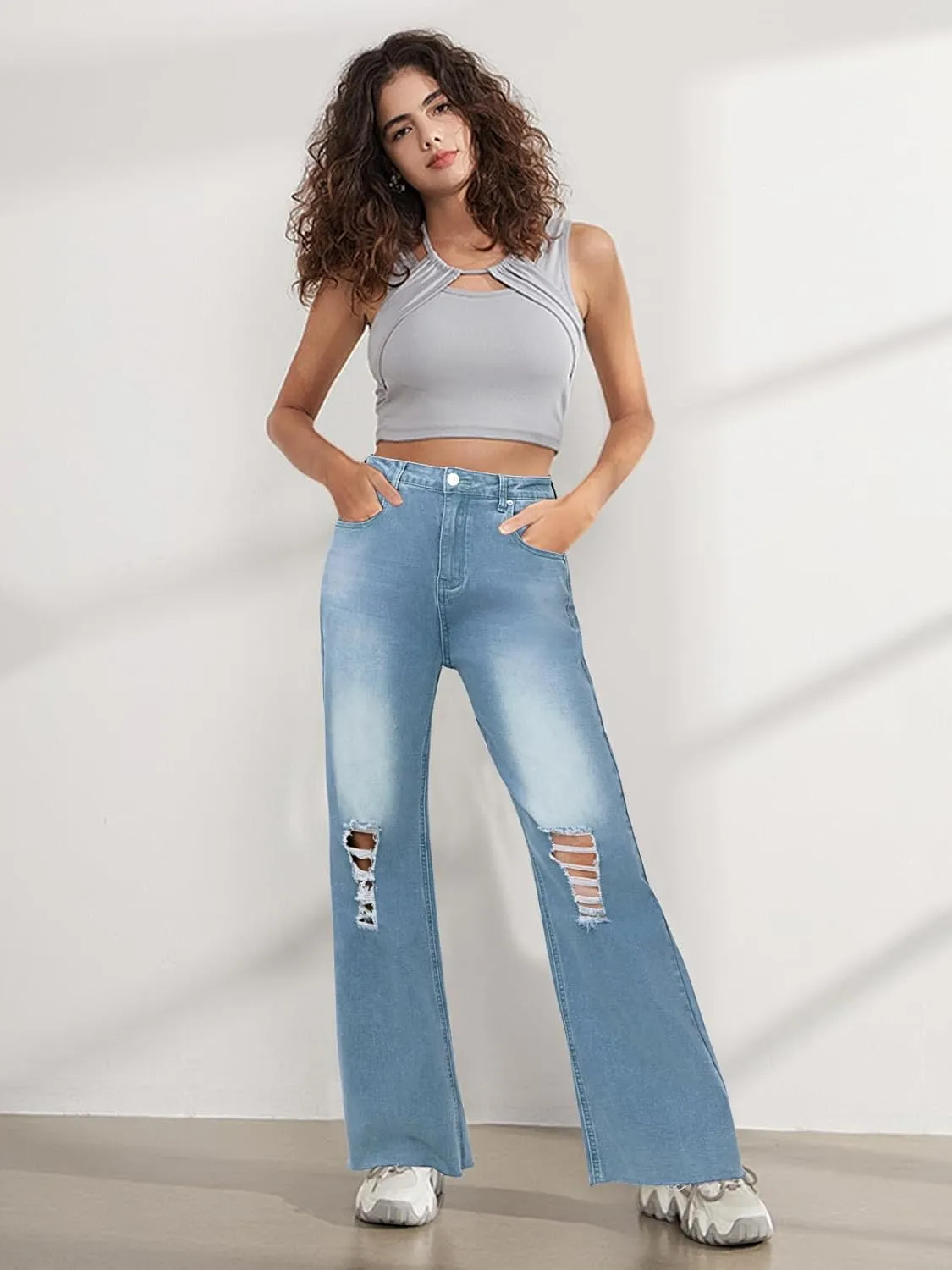 Genleck Women Loose Ripped Boyfriends Jeans High Waist Baggy Denim Pants Distressed Wide Leg Jeans Y2K