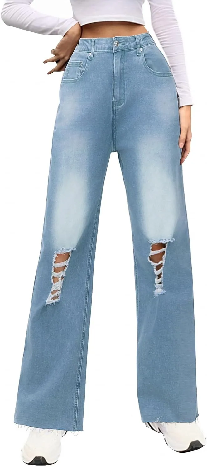 Genleck Women Loose Ripped Boyfriends Jeans High Waist Baggy Denim Pants Distressed Wide Leg Jeans Y2K