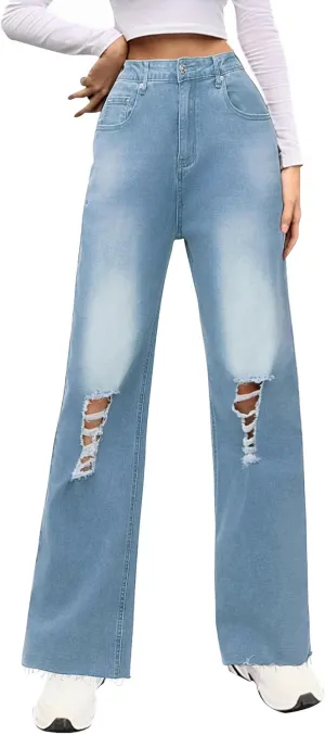 Genleck Women Loose Ripped Boyfriends Jeans High Waist Baggy Denim Pants Distressed Wide Leg Jeans Y2K