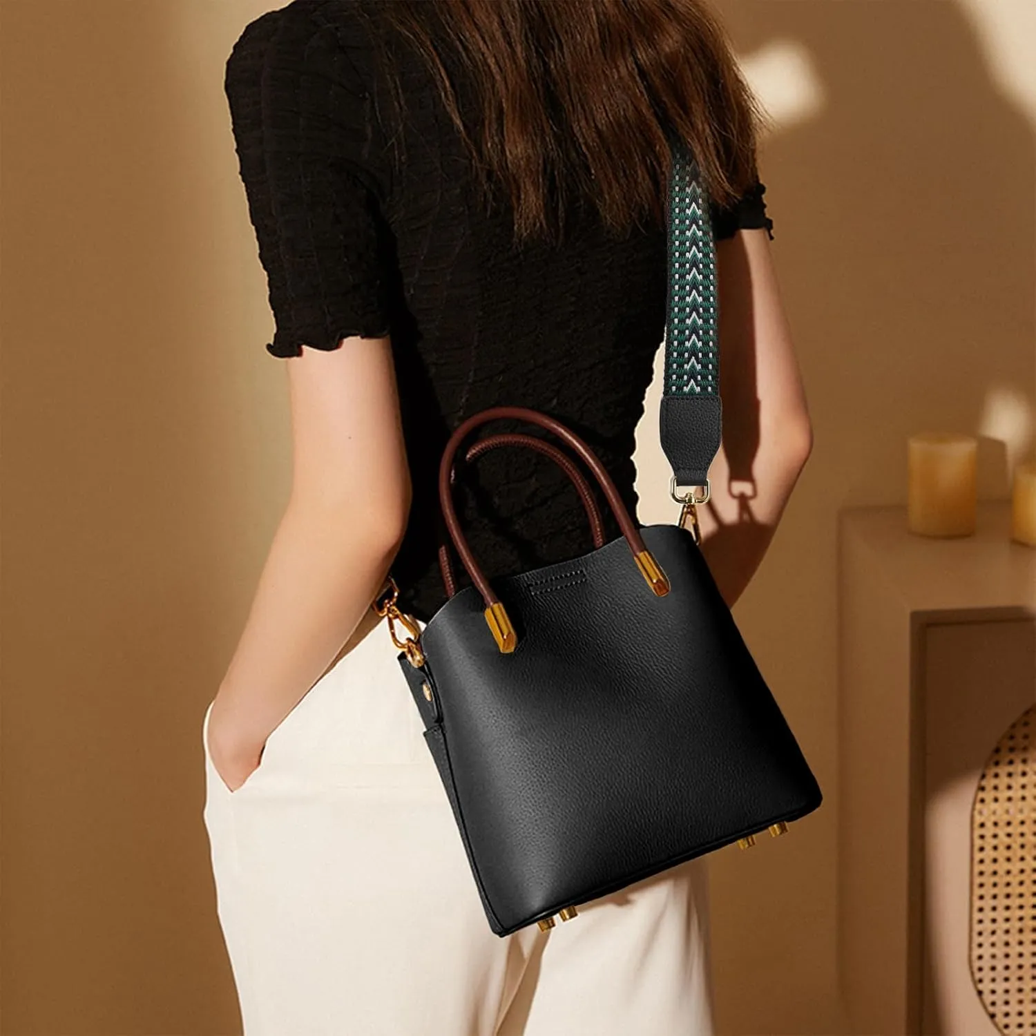 Genuine Leather Bucket Bag for Women, Top-Handle Handbags, Bucket Purses for Women with Two Removable Straps