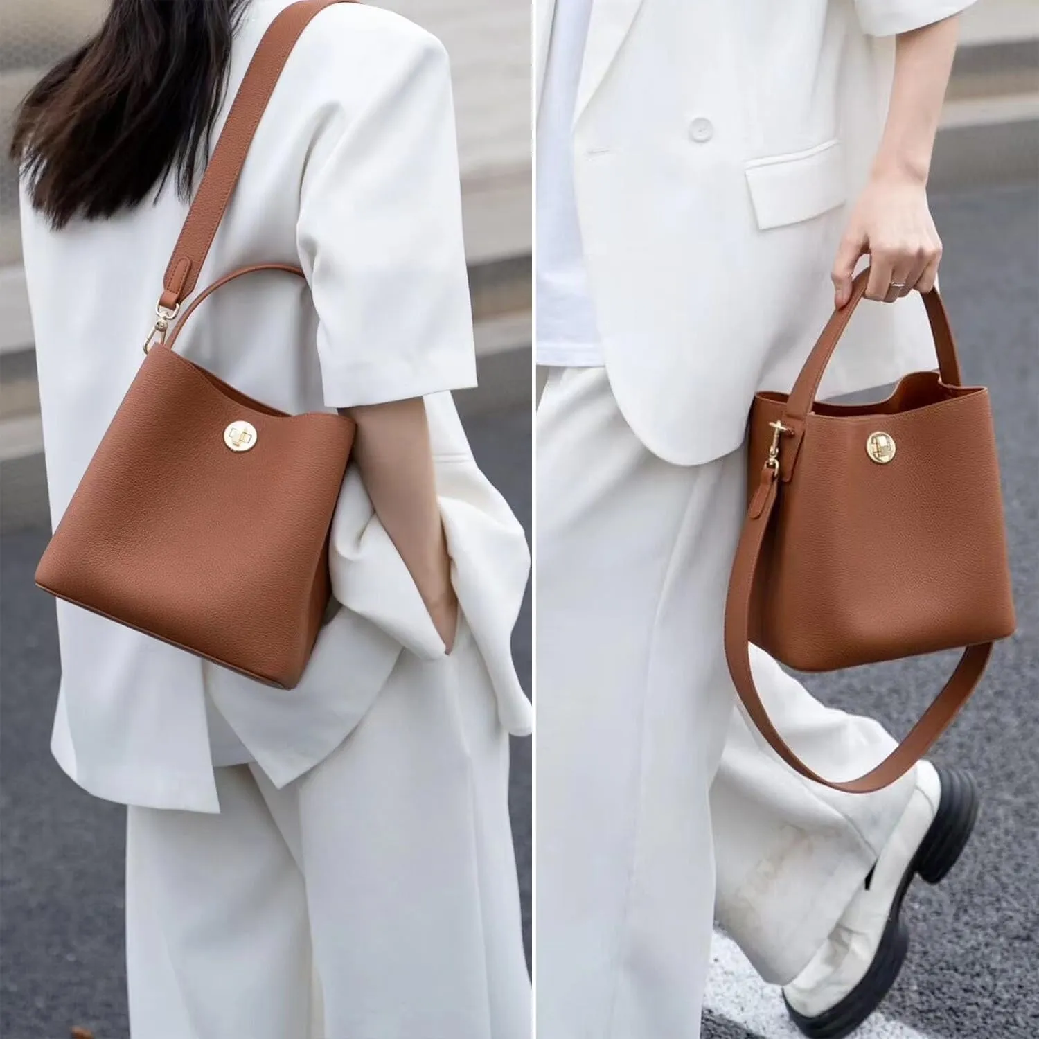Genuine Leather Bucket Tote Bag for Women, Small Crossbody Bag and Trendy Shoulder Bag with Adustable Strap