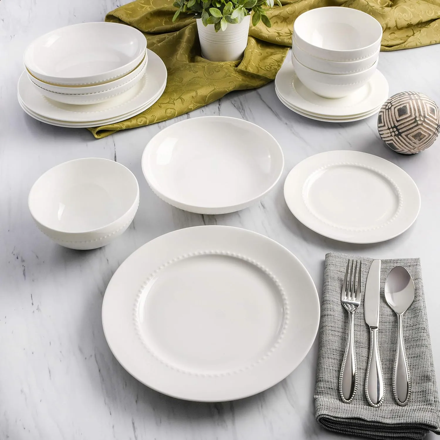 Gibson Elite Embossed Bone China Double Bowl Dinnerware Set, Service for 4 (16pcs), White