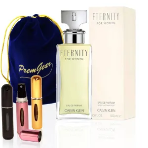 Gift/Travel Bundle for Calvin Klein Eternity Eau de Parfum, 3.3fl oz / 100 ml - Floral Women's Perfume, with Elegant Velvet Pouch and 3 Refillable Atomizer Spray Bottles