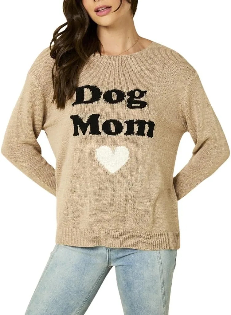 Gilli Women's Dog Mom Round Neck Lightweight Graphic Sweater