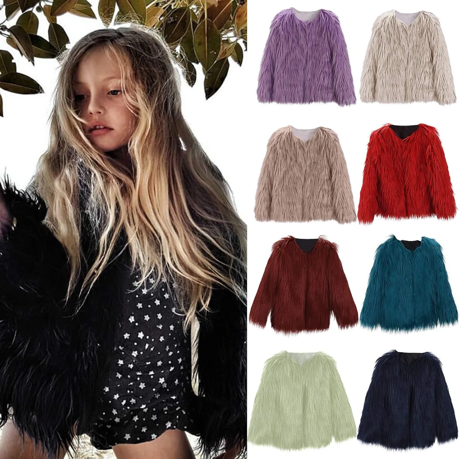 Girls Faux-Fur Jacket Coat Kids Fall Winter Thick Fleece Fuzzy Warm Outwear Tops Girls Furry Fuzzy Jacket Cardigan
