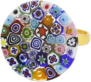 Glass Of Venice Murano Glass Millefiori Ring Multicolor for Women - Flat Round 3/4 inch - Handmade in Venice, Italy