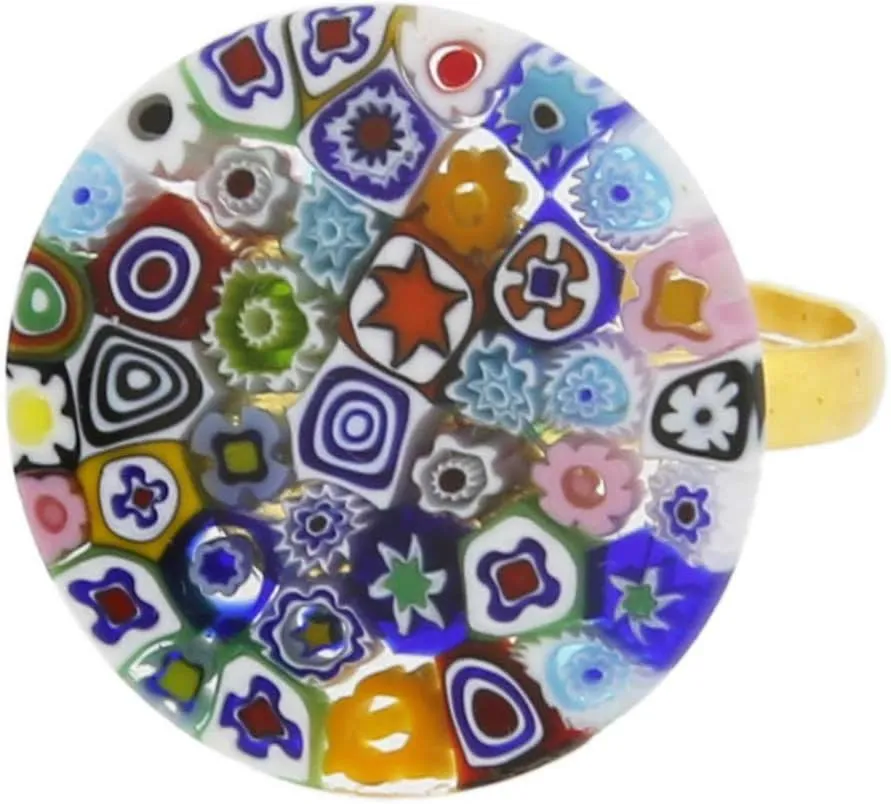 Glass Of Venice Murano Glass Millefiori Ring Multicolor for Women - Flat Round 3/4 inch - Handmade in Venice, Italy