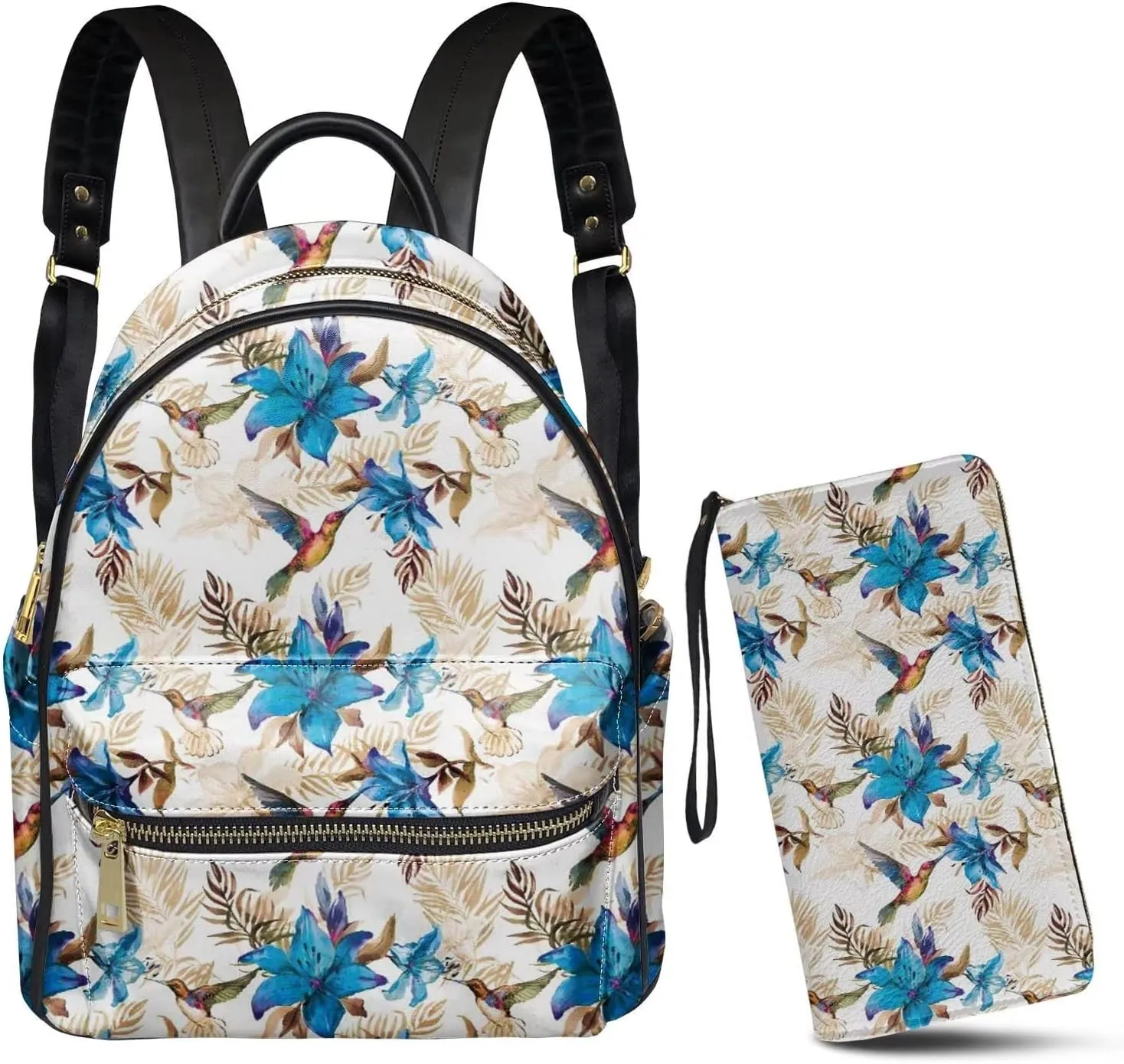 GLENLCWE 2Piece Blue Hummingbird Hibiscus Womens Leather Backpack Small Travel Daypack Anti Theft,Leather Zippered Handbag Wristlet Clutch Lightweight