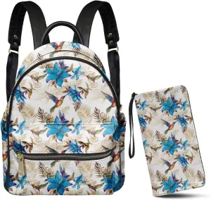 GLENLCWE 2Piece Blue Hummingbird Hibiscus Womens Leather Backpack Small Travel Daypack Anti Theft,Leather Zippered Handbag Wristlet Clutch Lightweight