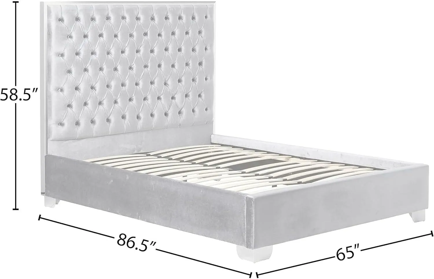 Global Glam Modern, Contemporary Velvet Upholstered Bed with Deep Tufting, Polished Chrome Stainless Steel Frame and Legs Grey/Queen