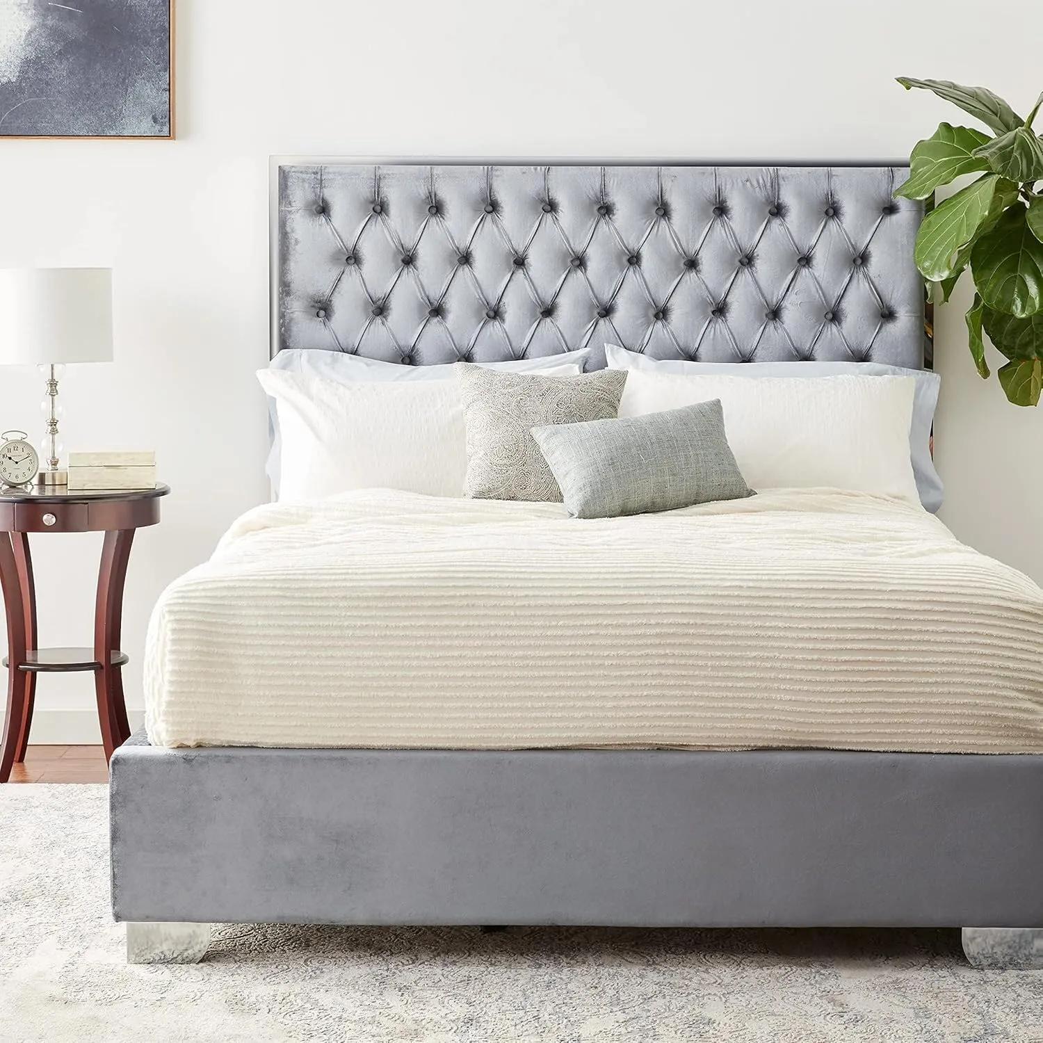 Global Glam Modern, Contemporary Velvet Upholstered Bed with Deep Tufting, Polished Chrome Stainless Steel Frame and Legs Grey/Queen