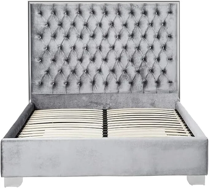 Global Glam Modern, Contemporary Velvet Upholstered Bed with Deep Tufting, Polished Chrome Stainless Steel Frame and Legs Grey/Queen