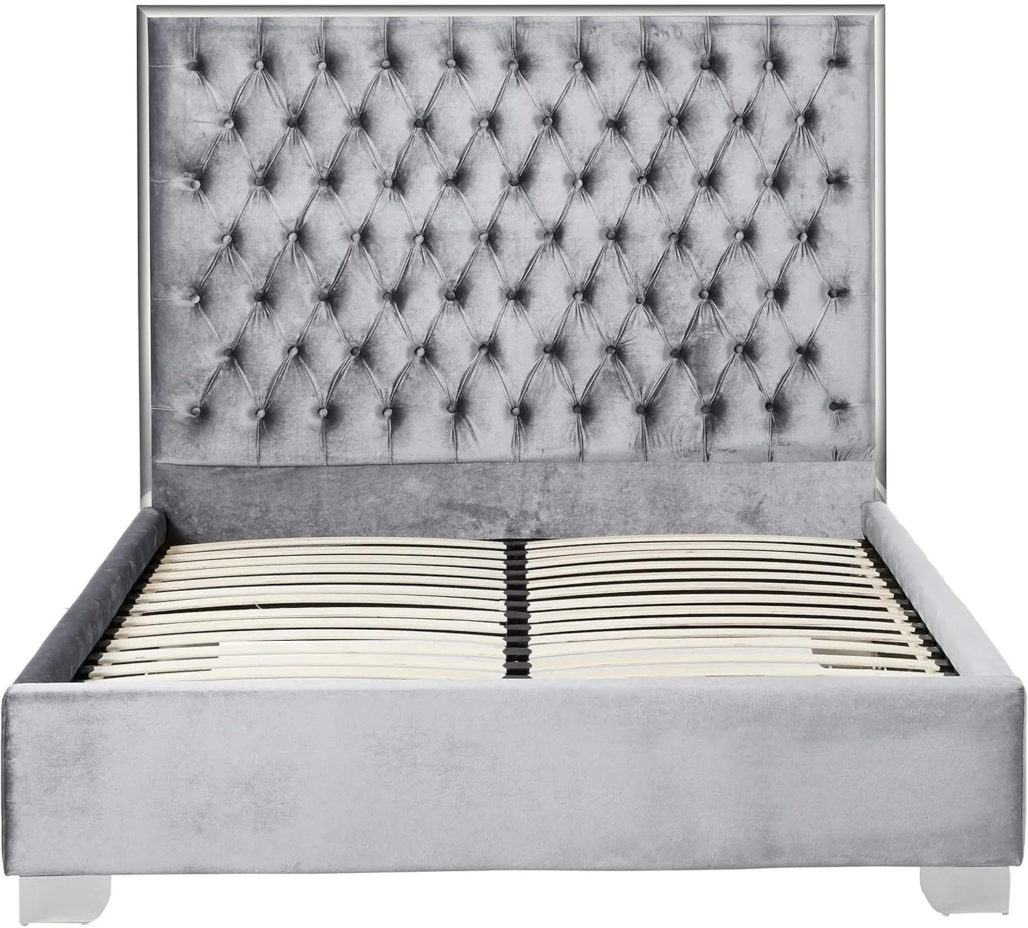 Global Glam Modern, Contemporary Velvet Upholstered Bed with Deep Tufting, Polished Chrome Stainless Steel Frame and Legs Grey/Queen