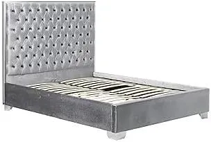 Global Glam Modern, Contemporary Velvet Upholstered Bed with Deep Tufting, Polished Chrome Stainless Steel Frame and Legs Grey/Queen