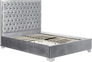 Global Glam Modern, Contemporary Velvet Upholstered Bed with Deep Tufting, Polished Chrome Stainless Steel Frame and Legs Grey/Queen