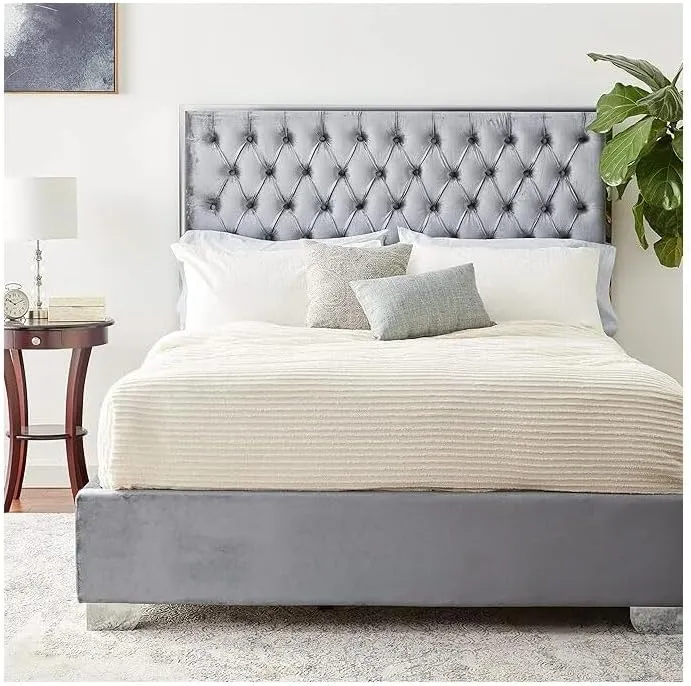 Global Glam Modern, Contemporary Velvet Upholstered Bed with Deep Tufting, Polished Chrome Stainless Steel Frame and Legs Grey/Queen