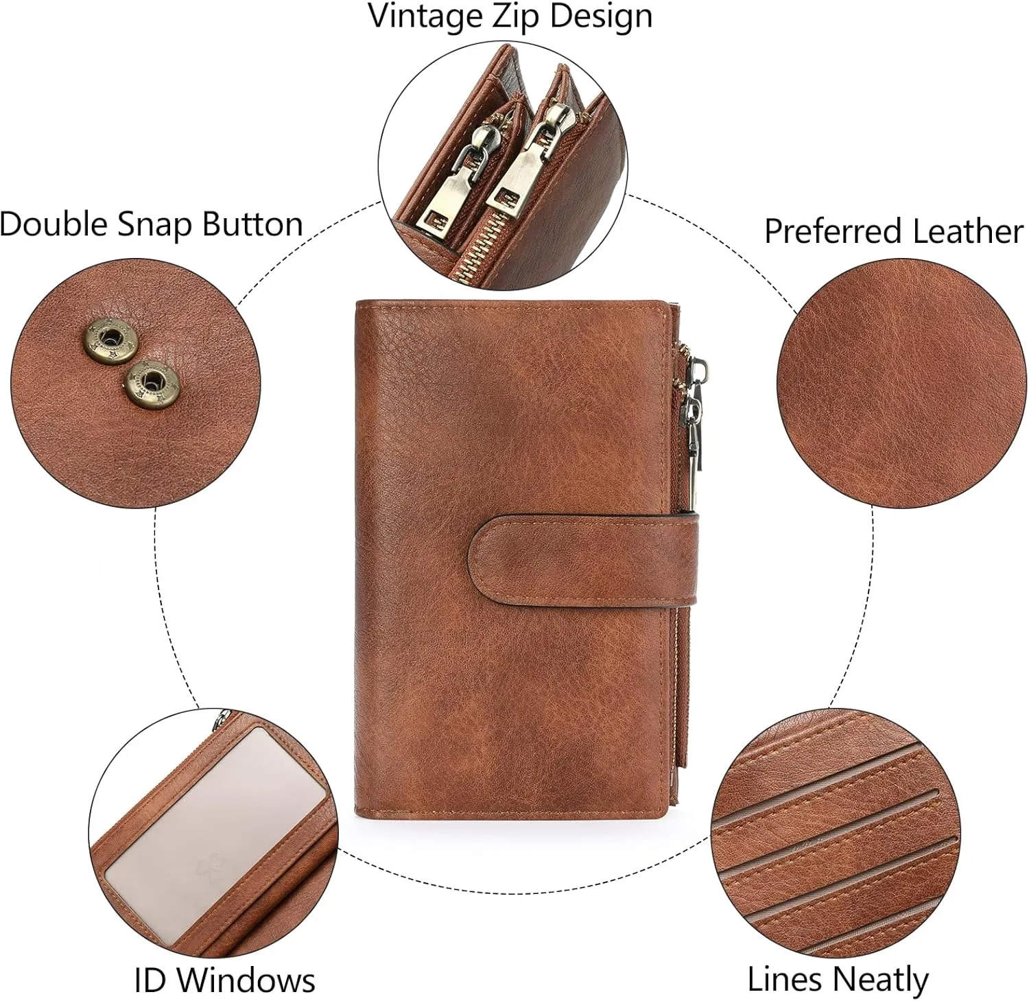 GOIACII Womens Wallets Rfid Credit Card Holder with 2 Zipper Pockets, 3 ID Windows Ladies Purse Leather