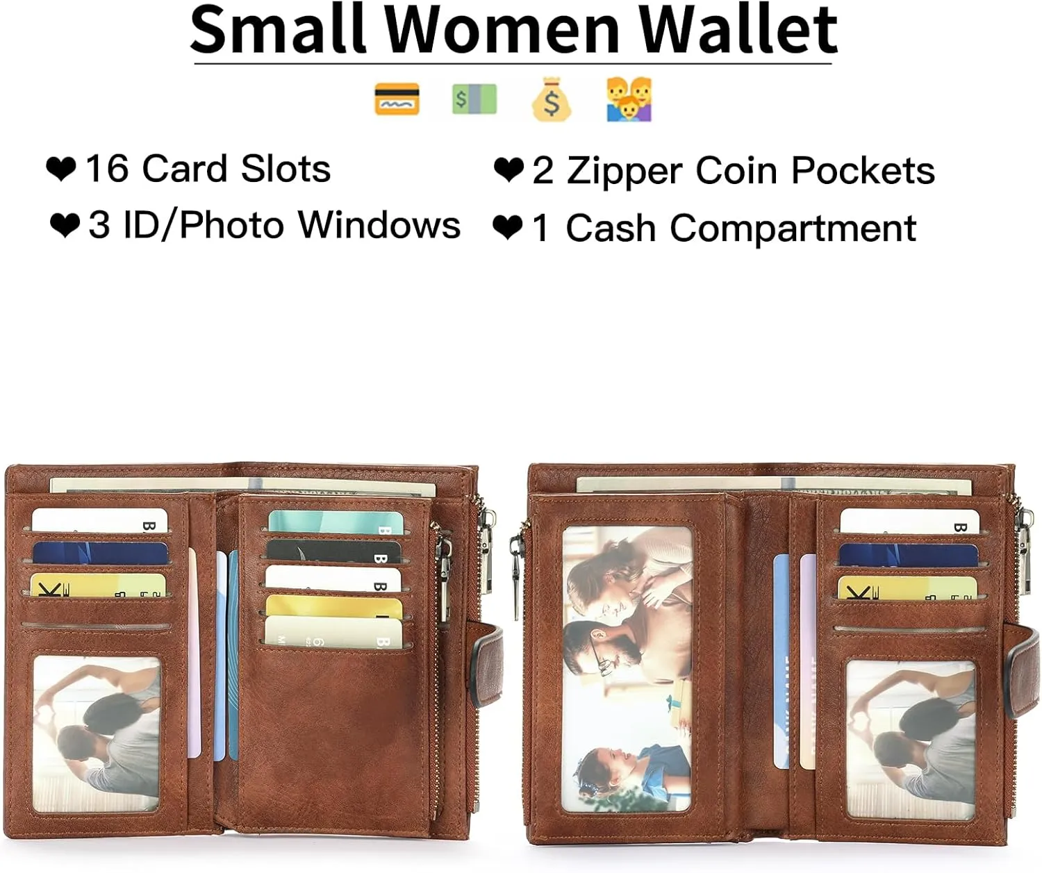 GOIACII Womens Wallets Rfid Credit Card Holder with 2 Zipper Pockets, 3 ID Windows Ladies Purse Leather