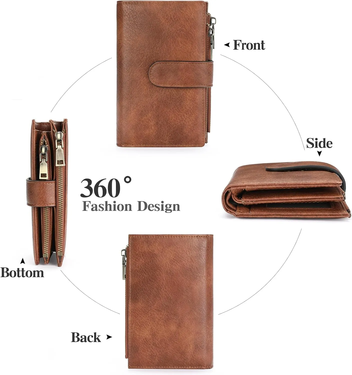 GOIACII Womens Wallets Rfid Credit Card Holder with 2 Zipper Pockets, 3 ID Windows Ladies Purse Leather