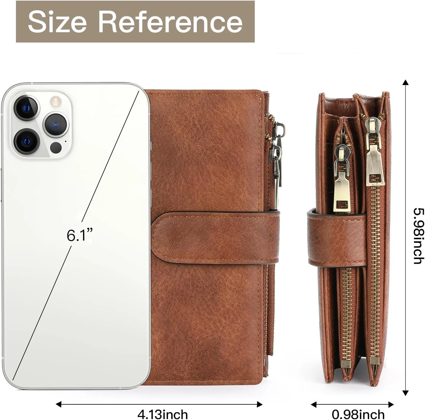 GOIACII Womens Wallets Rfid Credit Card Holder with 2 Zipper Pockets, 3 ID Windows Ladies Purse Leather