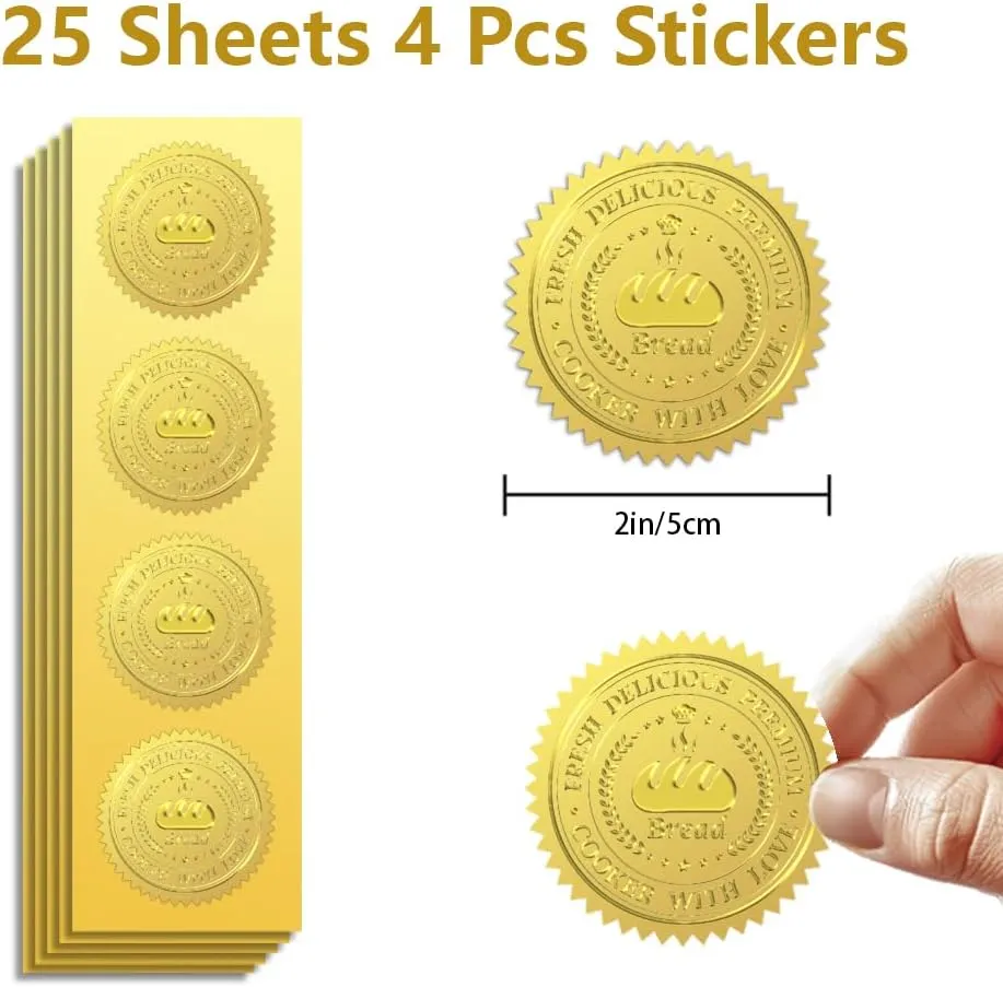 Gold Foil Stickers Seals Embossed Bread(Fresh Delicious Premium Cooker with Love) 2 Inch 100Pcs, Self Adhesive Gold Around Embossing Medal Sticker for Bakery Bread Bag Wrapper Baking Decor