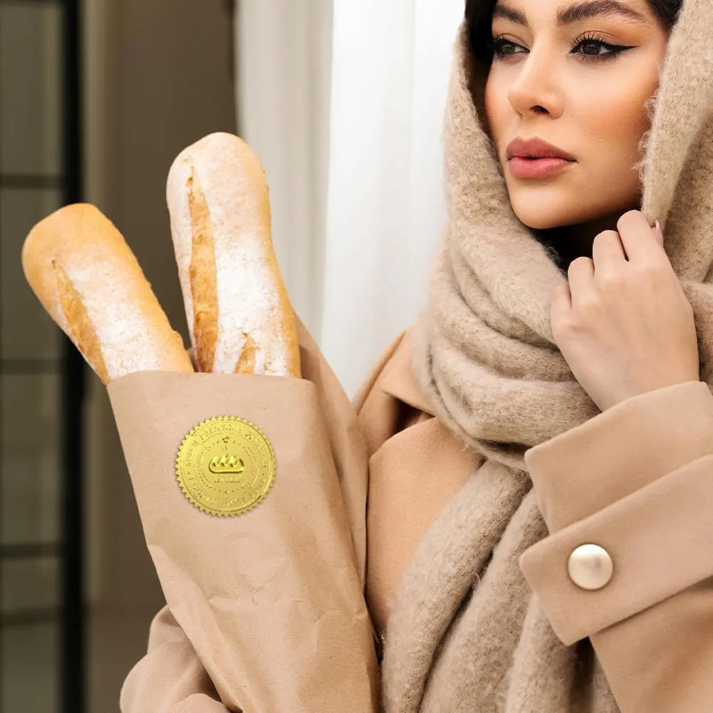 Gold Foil Stickers Seals Embossed Bread(Fresh Delicious Premium Cooker with Love) 2 Inch 100Pcs, Self Adhesive Gold Around Embossing Medal Sticker for Bakery Bread Bag Wrapper Baking Decor