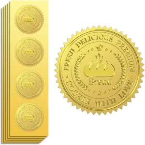 Gold Foil Stickers Seals Embossed Bread(Fresh Delicious Premium Cooker with Love) 2 Inch 100Pcs, Self Adhesive Gold Around Embossing Medal Sticker for Bakery Bread Bag Wrapper Baking Decor