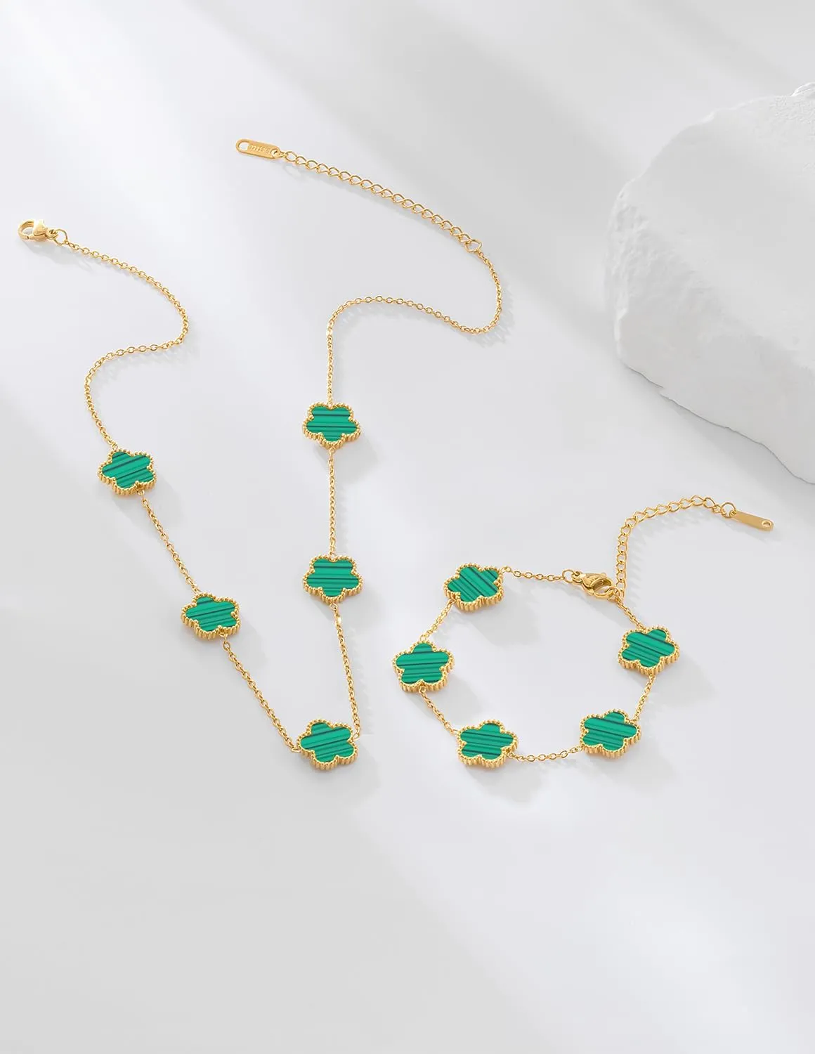 Gold Plated Stainless Steel Four Leaf Clover Bracelet and Necklace Jewelry Set for Women