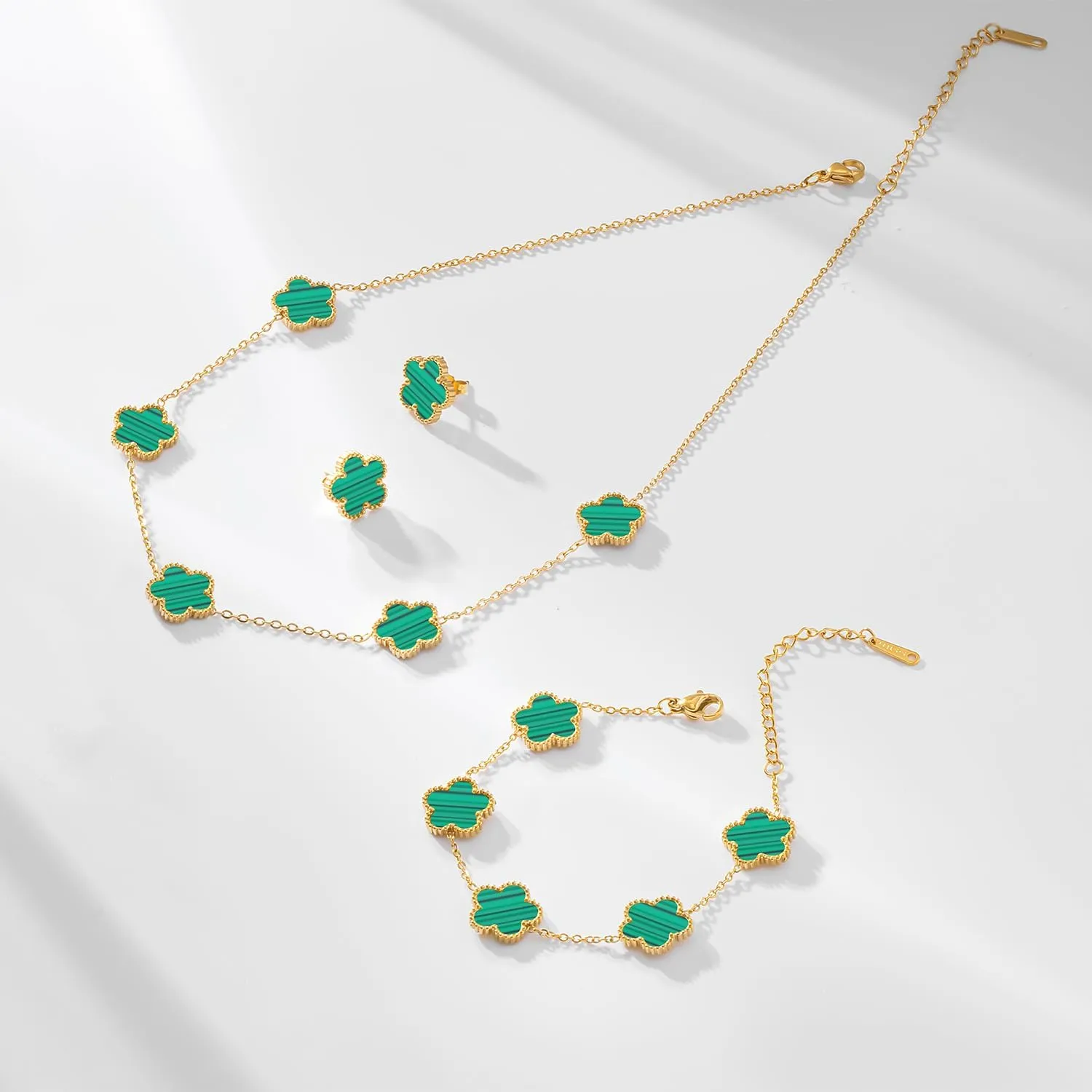 Gold Plated Stainless Steel Four Leaf Clover Bracelet and Necklace Jewelry Set for Women