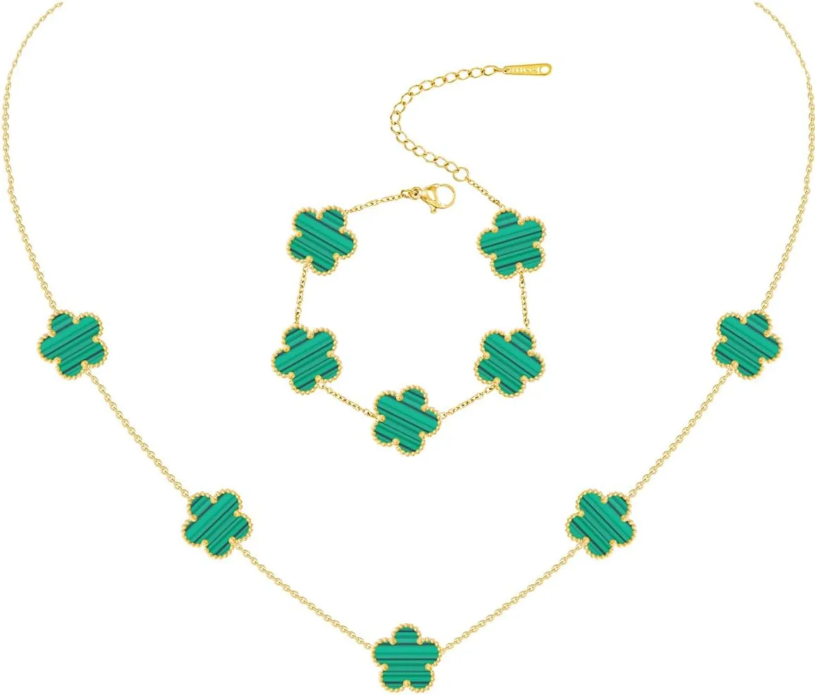 Gold Plated Stainless Steel Four Leaf Clover Bracelet and Necklace Jewelry Set for Women