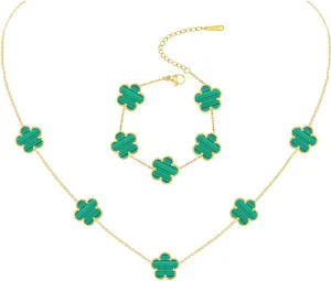 Gold Plated Stainless Steel Four Leaf Clover Bracelet and Necklace Jewelry Set for Women