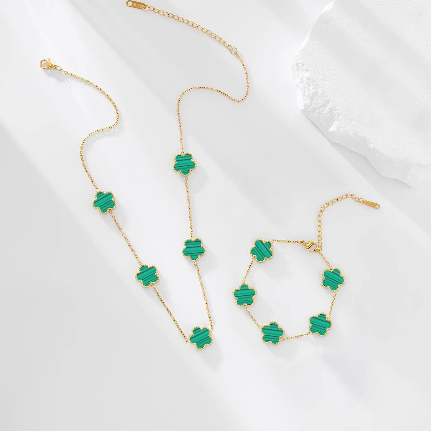 Gold Plated Stainless Steel Four Leaf Clover Bracelet and Necklace Jewelry Set for Women