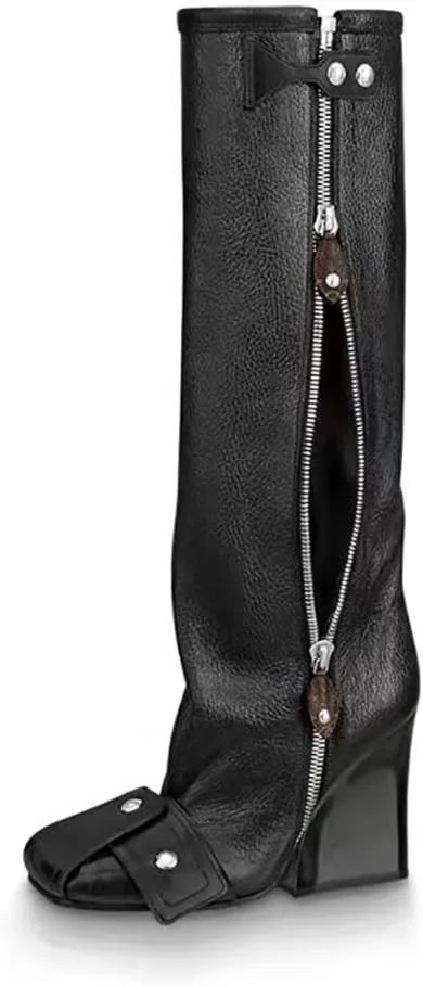Goolita Women's Wedge Heel Knee High Boots Square Toe Side Zipper Metallic Rivet Comfortable Dress Boots