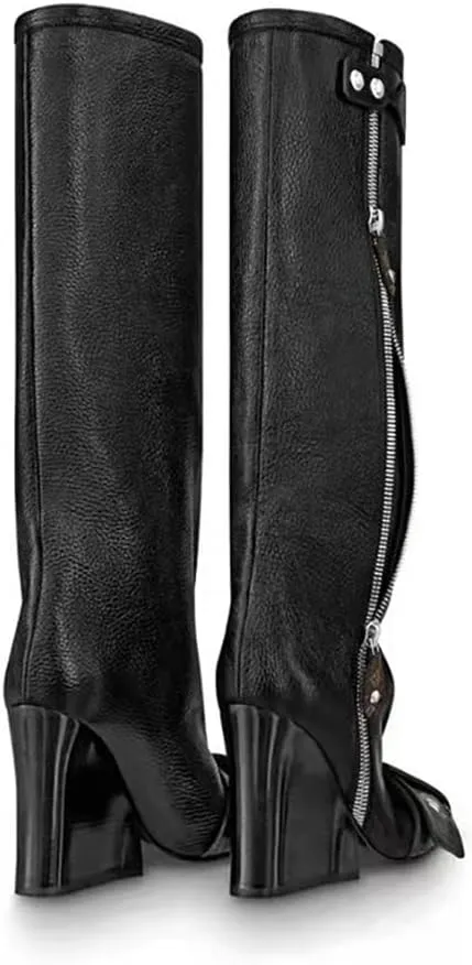 Goolita Women's Wedge Heel Knee High Boots Square Toe Side Zipper Metallic Rivet Comfortable Dress Boots