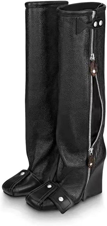 Goolita Women's Wedge Heel Knee High Boots Square Toe Side Zipper Metallic Rivet Comfortable Dress Boots