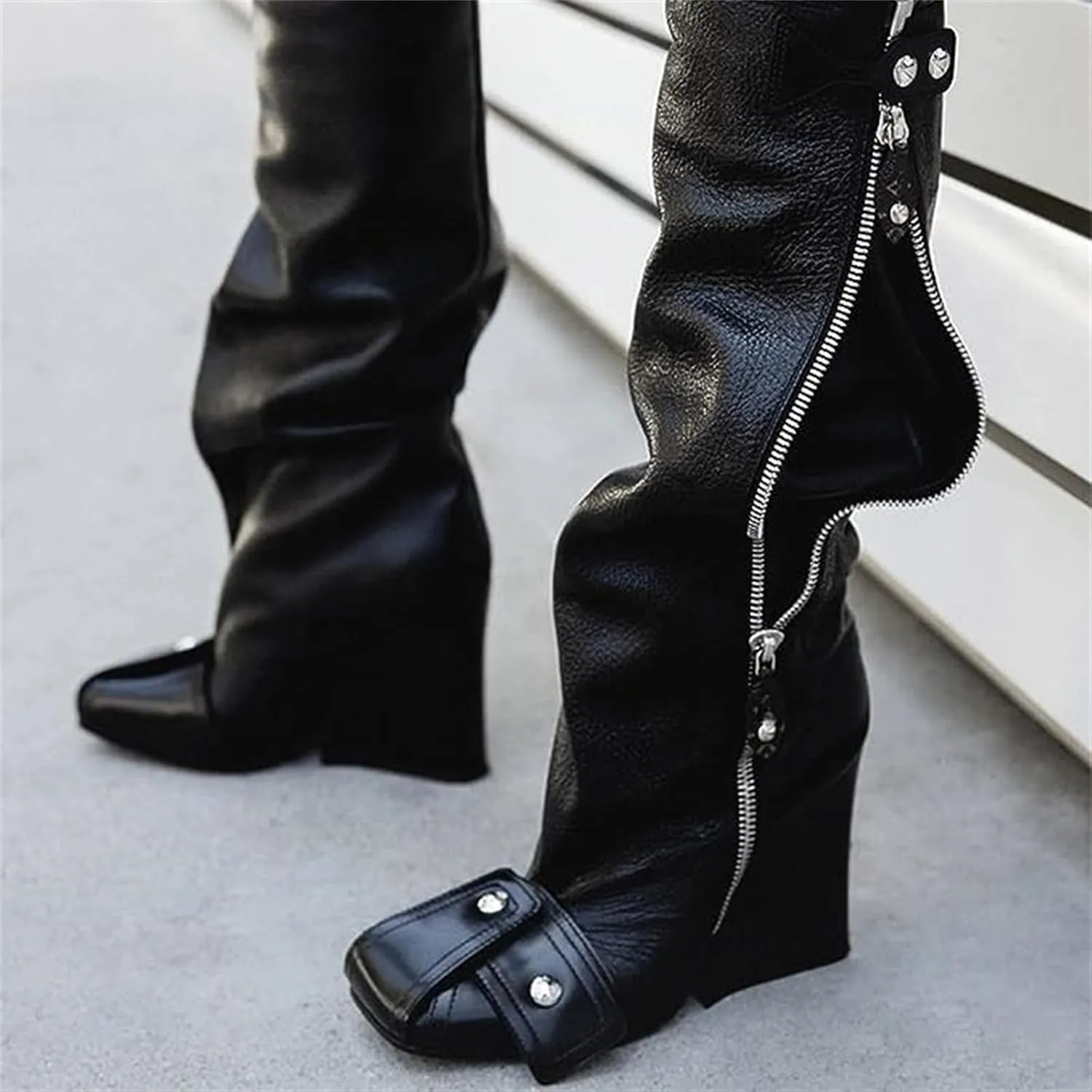 Goolita Women's Wedge Heel Knee High Boots Square Toe Side Zipper Metallic Rivet Comfortable Dress Boots