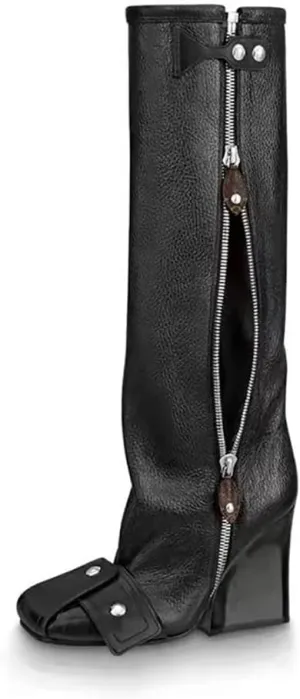 Goolita Women's Wedge Heel Knee High Boots Square Toe Side Zipper Metallic Rivet Comfortable Dress Boots