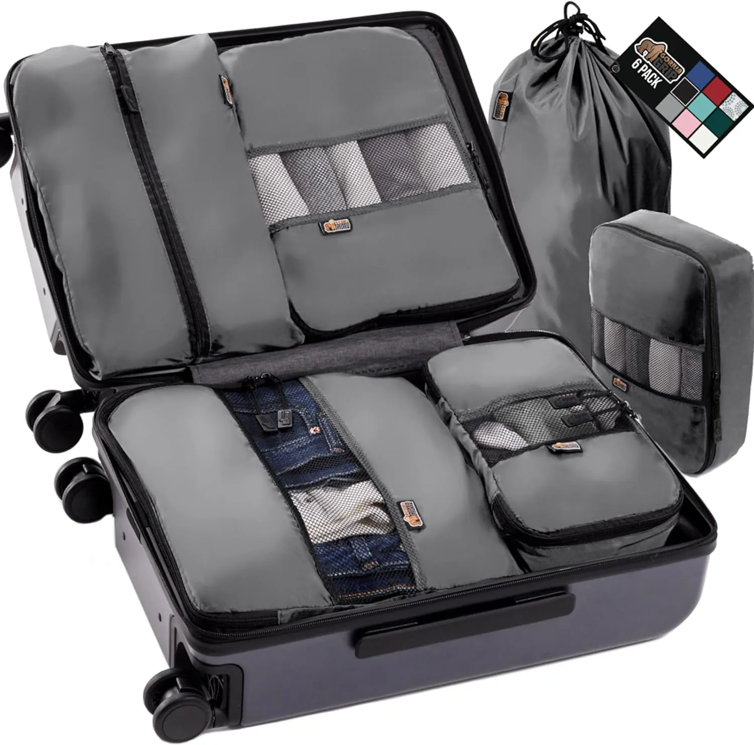 GORILLA GRIP 6 Set Packing Cubes, Travel Essentials for Suitcase, Mesh Organizer Bags for Clothes Toiletries Shoes and Laundry, Luggage and Carry On Airplane Accessories, Traveling Must Haves Gray