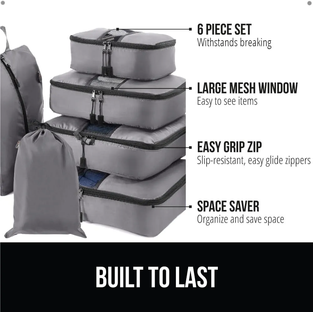 GORILLA GRIP 6 Set Packing Cubes, Travel Essentials for Suitcase, Mesh Organizer Bags for Clothes Toiletries Shoes and Laundry, Luggage and Carry On Airplane Accessories, Traveling Must Haves Gray