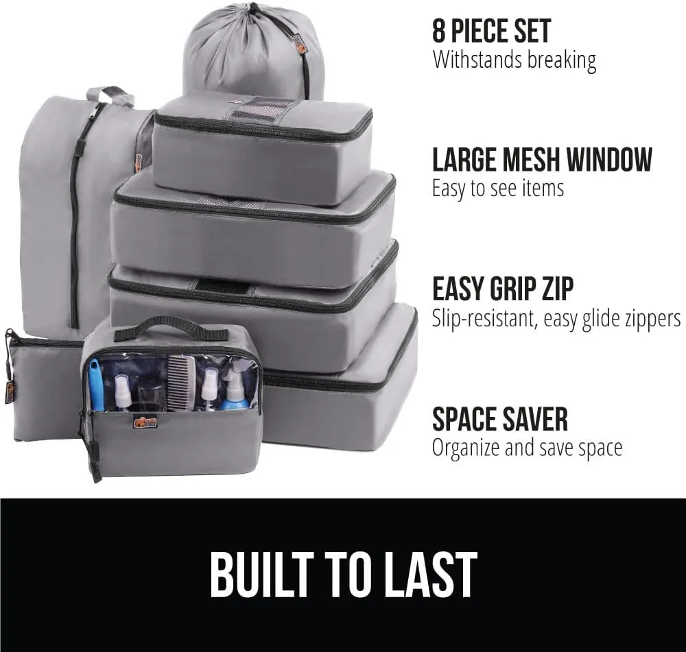 GORILLA GRIP 8 Set Packing Cubes, Travel Essentials for Suitcase, Mesh Organizer Bags for Clothes Toiletries Shoes and Laundry, Luggage and Carry On Airplane Accessories, Traveling Must Haves Gray