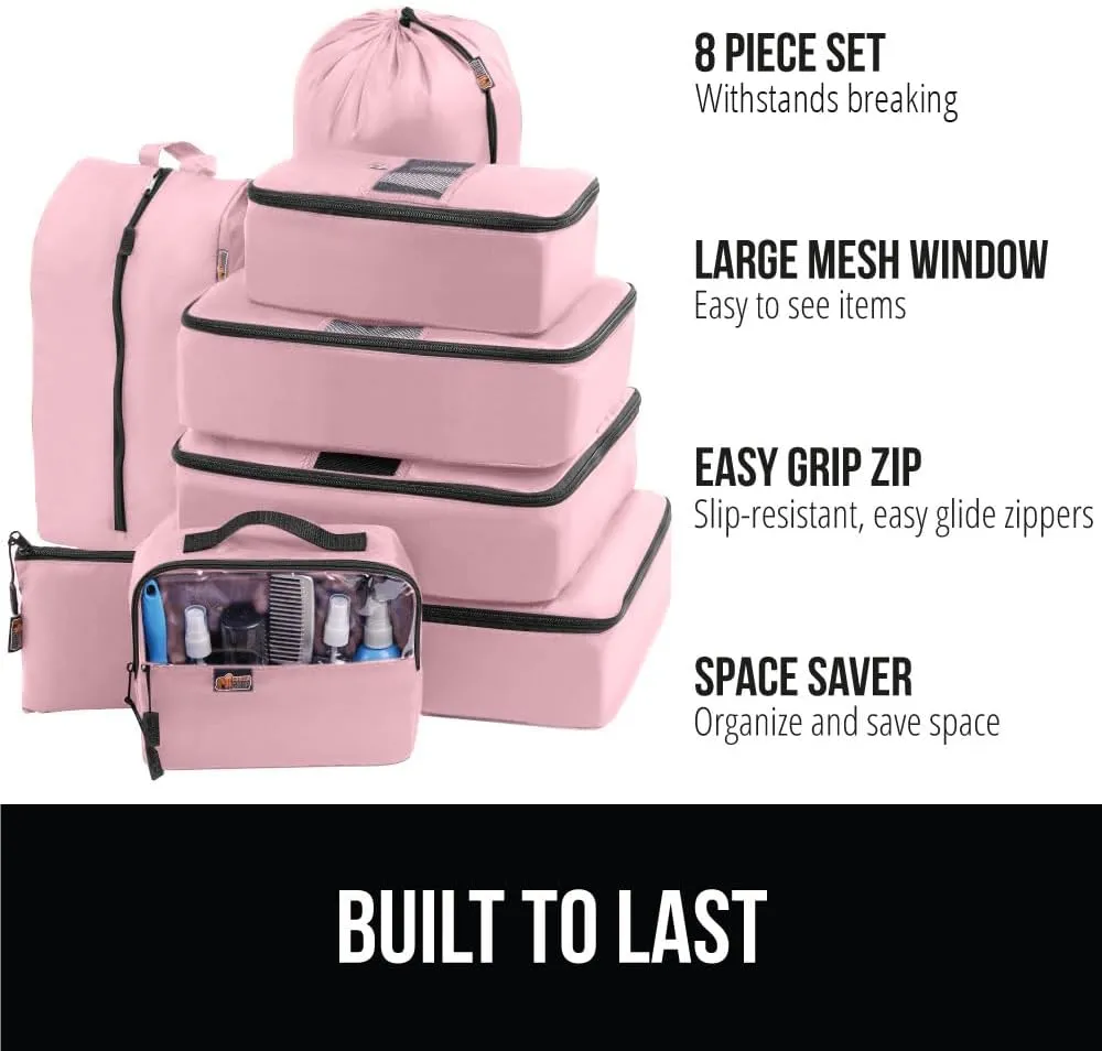 GORILLA GRIP 8 Set Packing Cubes, Travel Essentials for Suitcase, Mesh Organizer Bags for Clothes Toiletries Shoes and Laundry, Luggage and Carry On Airplane Accessories, Traveling Must Haves Pink