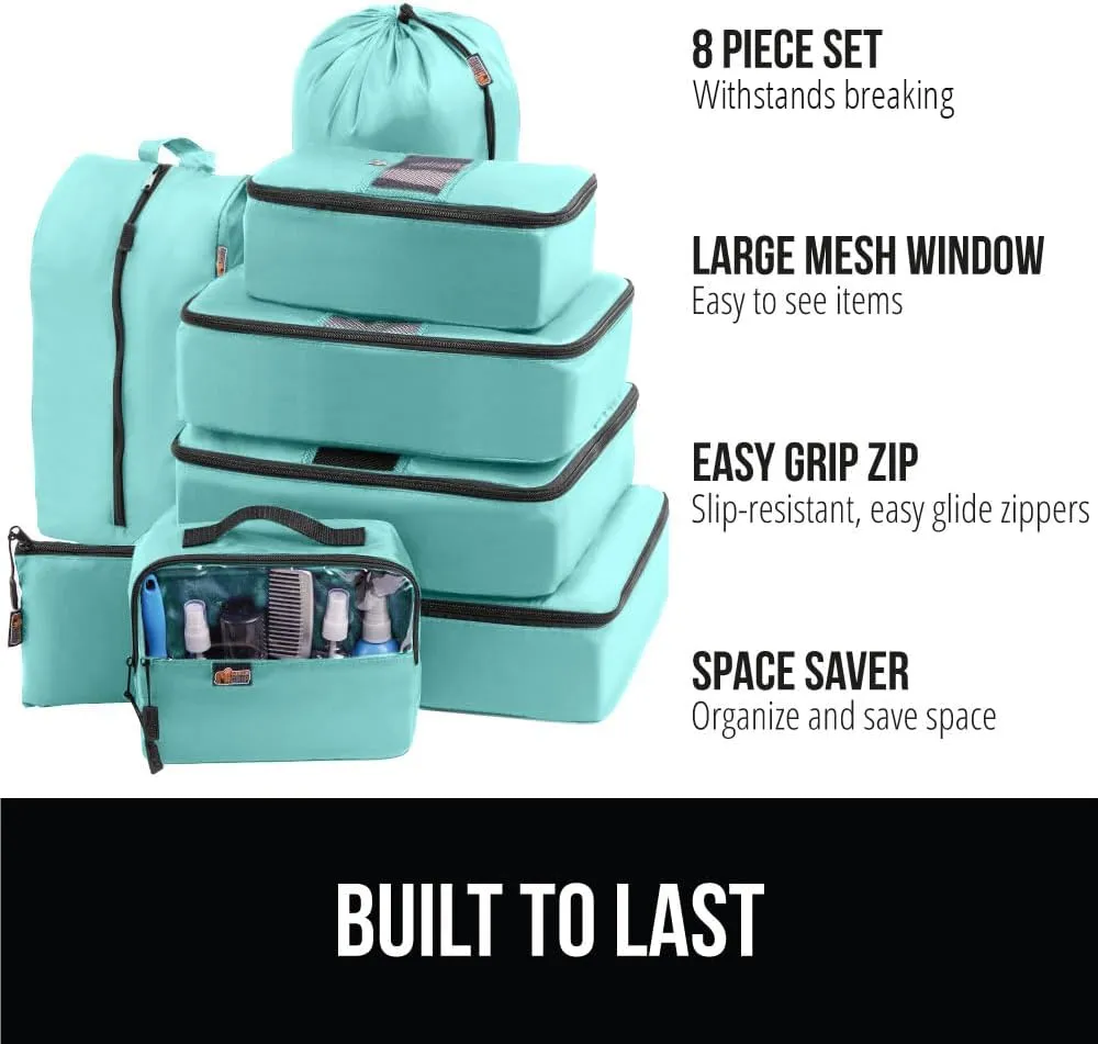 GORILLA GRIP 8 Set Packing Cubes, Travel Essentials for Suitcase, Mesh Organizer Bags for Clothes Toiletries Shoes Laundry, Luggage and Carry On Airplane Accessories, Traveling Must Haves Turquoise